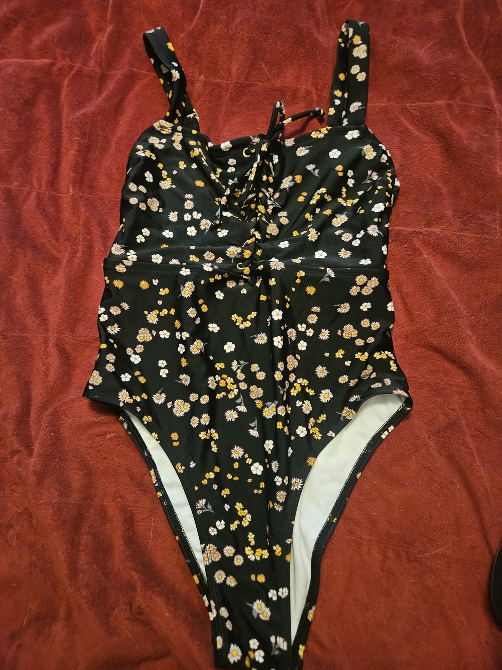Xhilaration Black One-Piece Swimsuit with Yellow & White Floral Print